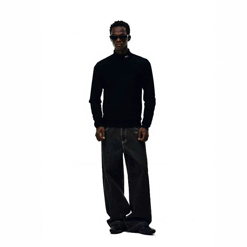 NOAH MARS Men Vintage Mock Neck Long Sleeve Base Tee Chest Cross Embroidery