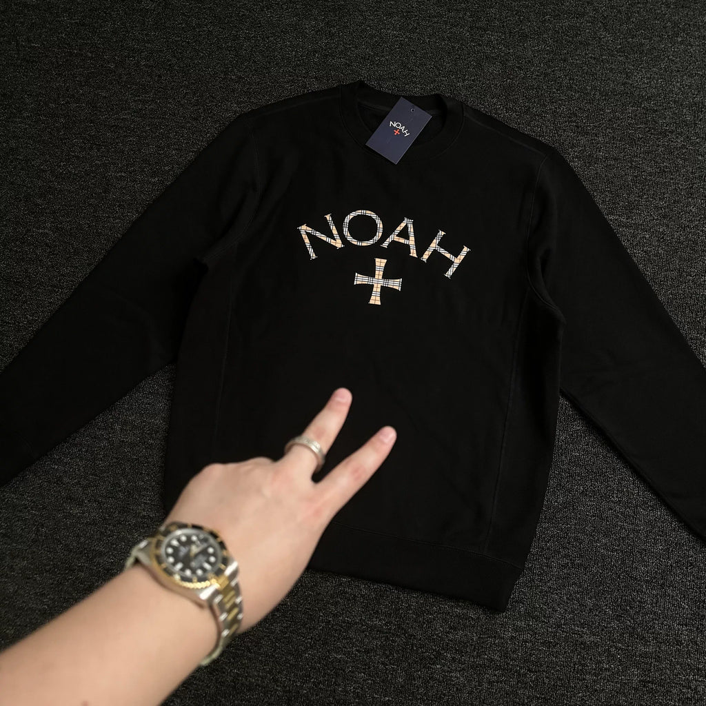 NOAH MARS Men Heavyweight Crew Sweatshirt Plaid Cross Thread Splicing