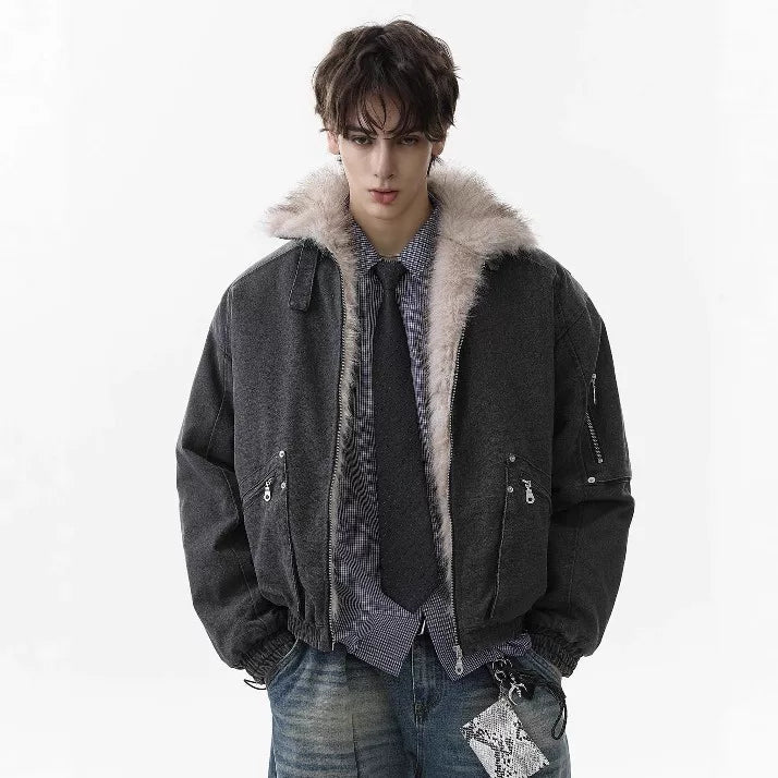 NOAH MARS Old Money Stand Collar Mountain Graphic Velvet Lined Cotton Coat