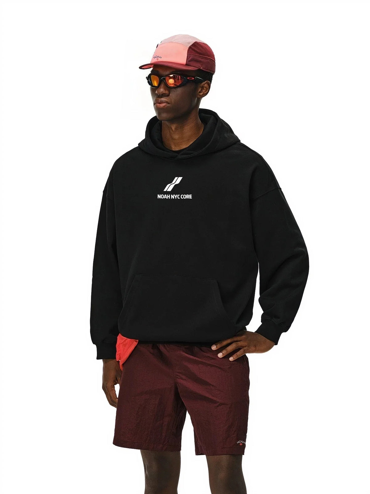 NOAH MARS Two Bar Wave Print Heavy Thread Splicing Hooded Sweatshirt