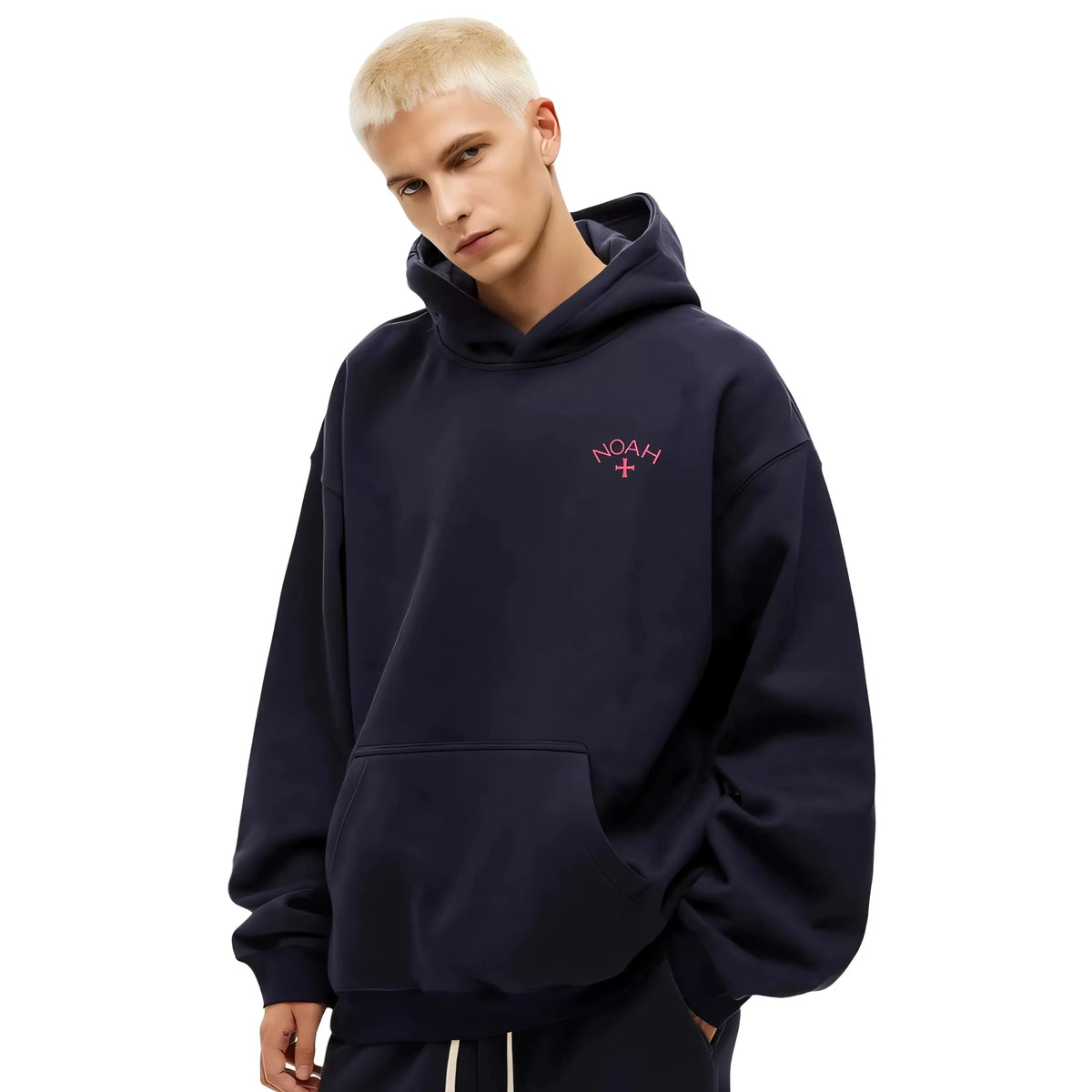 NOAH MARS Men Navy Velvet Splicing Hoodie First Gen Cross Autumn Winter