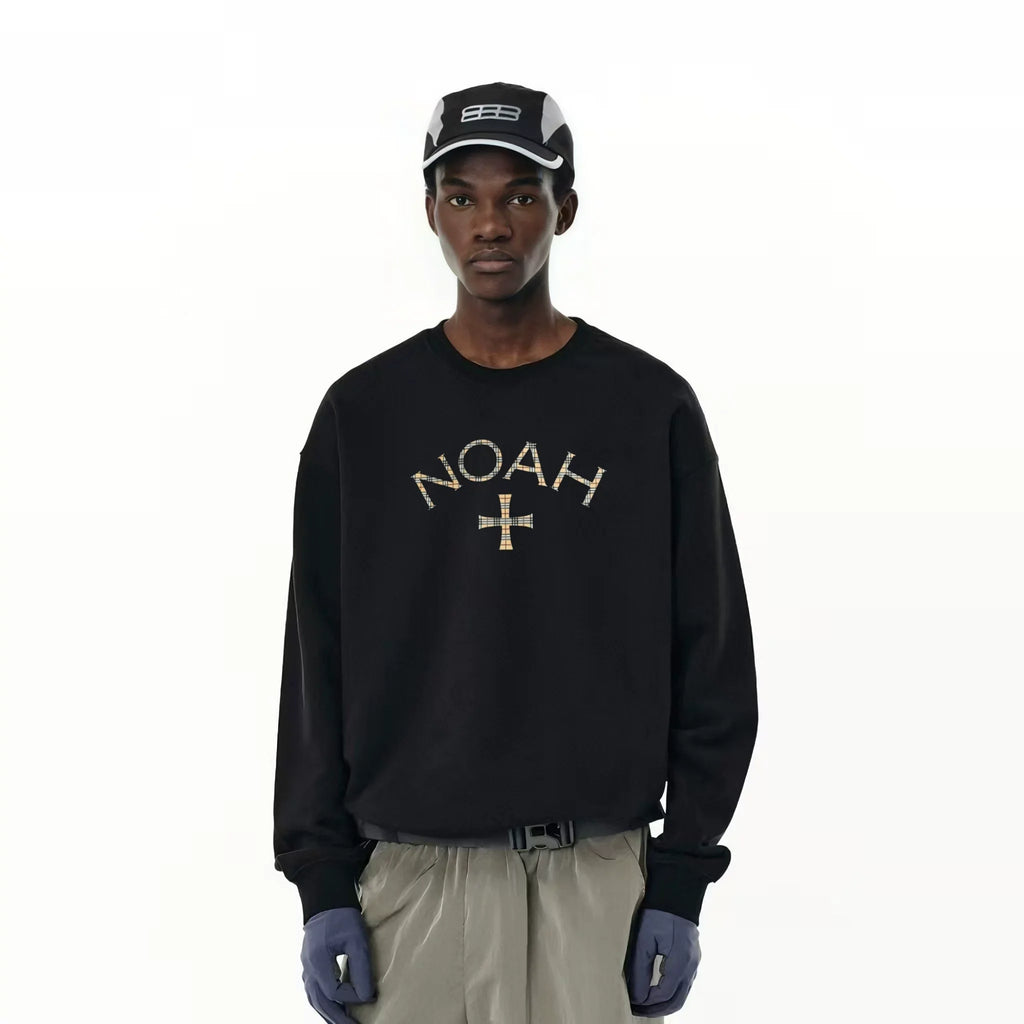 NOAH MARS Men Heavyweight Crew Sweatshirt Plaid Cross Thread Splicing