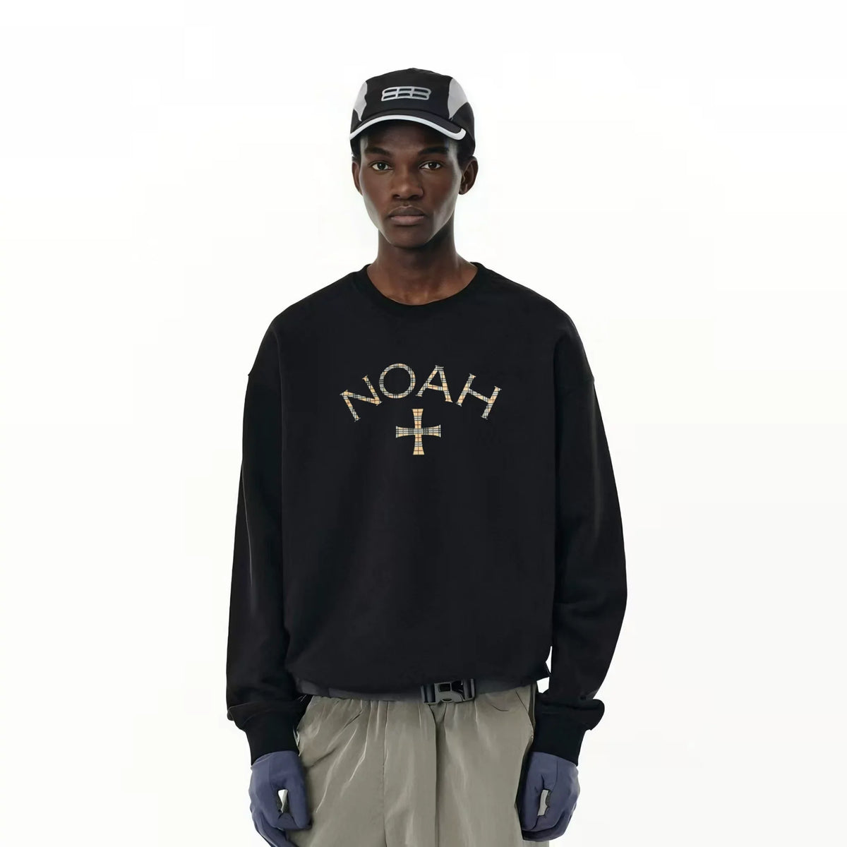 NOAH MARS Men Heavyweight Crew Sweatshirt Plaid Cross Thread Splicing