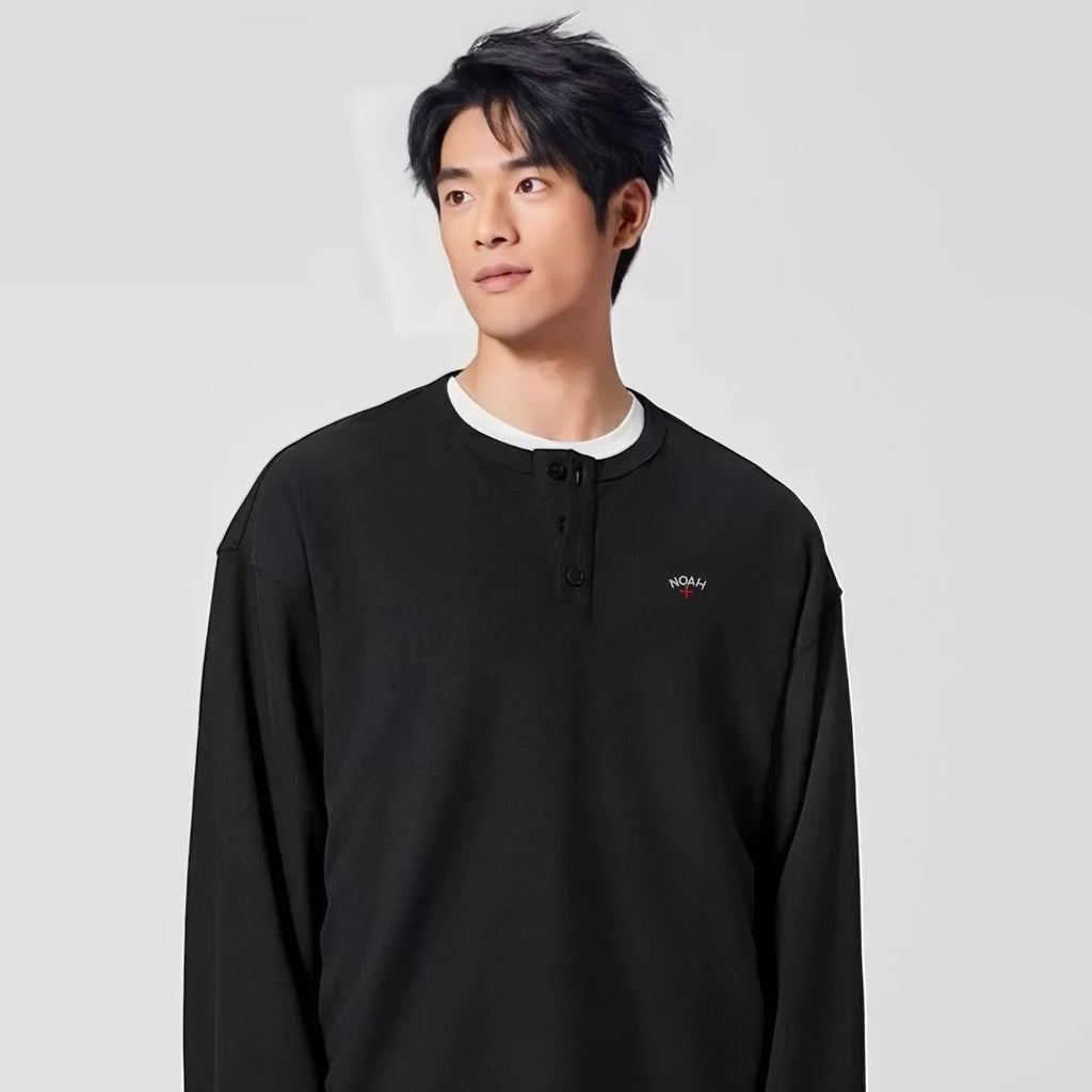 NOAH MARS Men Old Money Henley Long Sleeve Tee Chest Cross Embroidery Logo