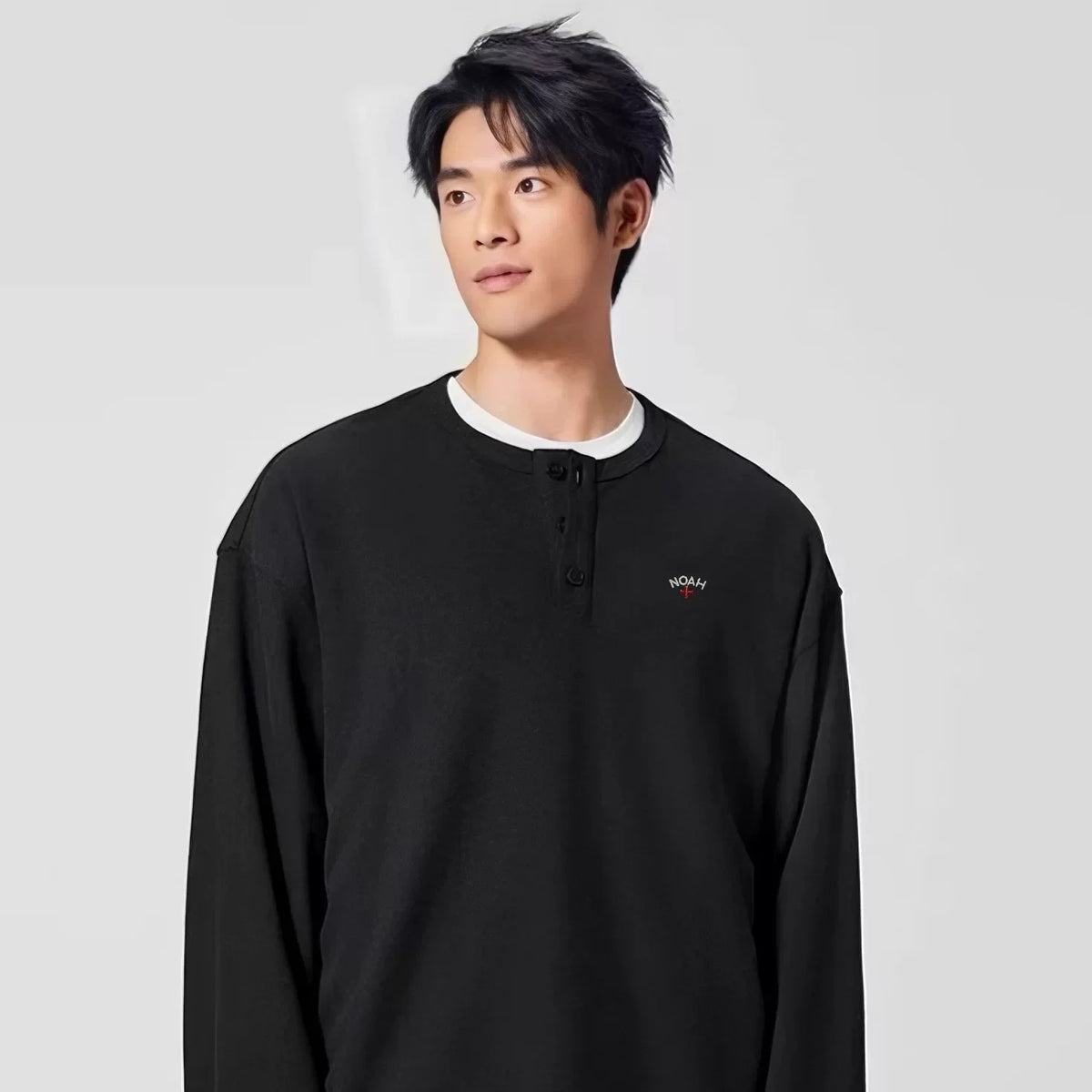 NOAH MARS Men Old Money Henley Long Sleeve Tee Chest Cross Embroidery Logo