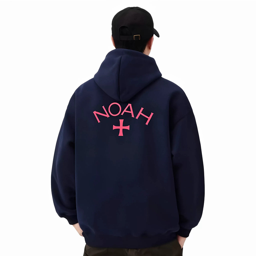 NOAH MARS Men Navy Velvet Splicing Hoodie First Gen Cross Autumn Winter