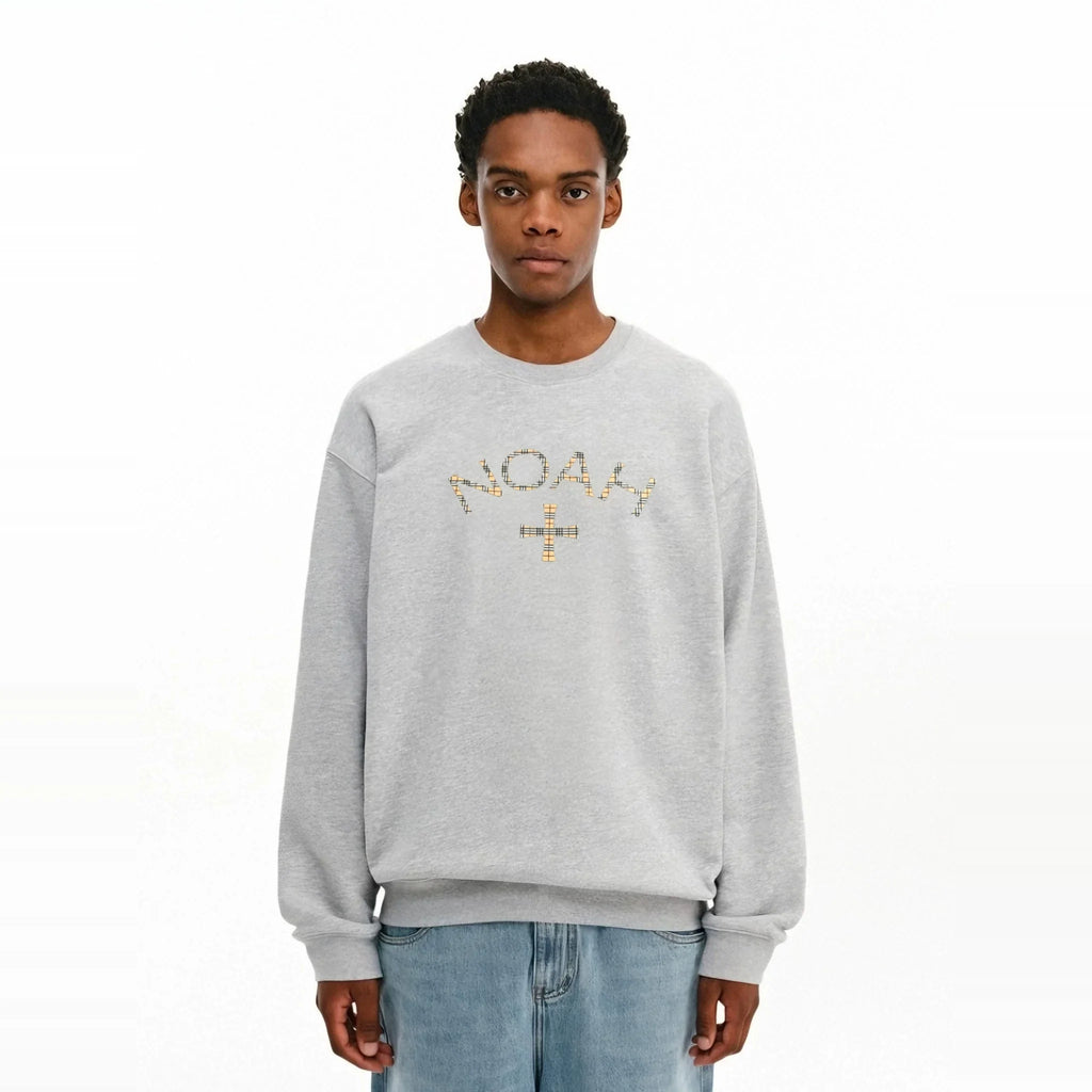 NOAH MARS Men Plaid Cross Thread Splice Crew Neck Sweatshirt