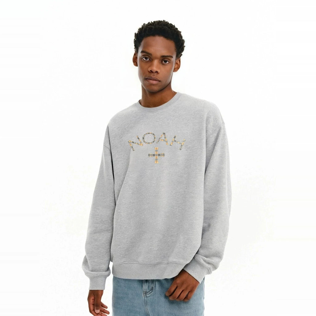 NOAH MARS Men Heavyweight Crew Sweatshirt Plaid Cross Thread Splicing
