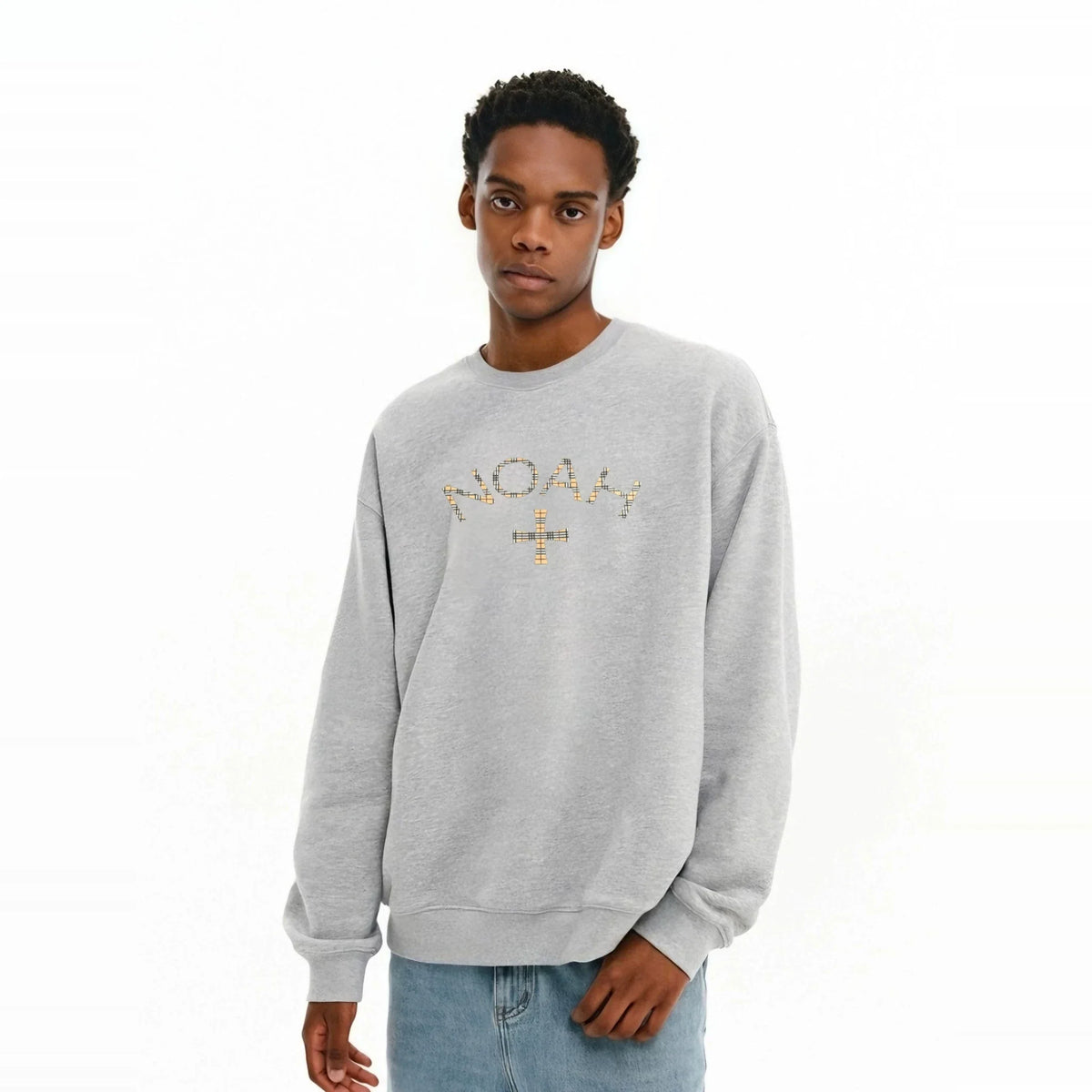 NOAH MARS Men Heavyweight Crew Sweatshirt Plaid Cross Thread Splicing