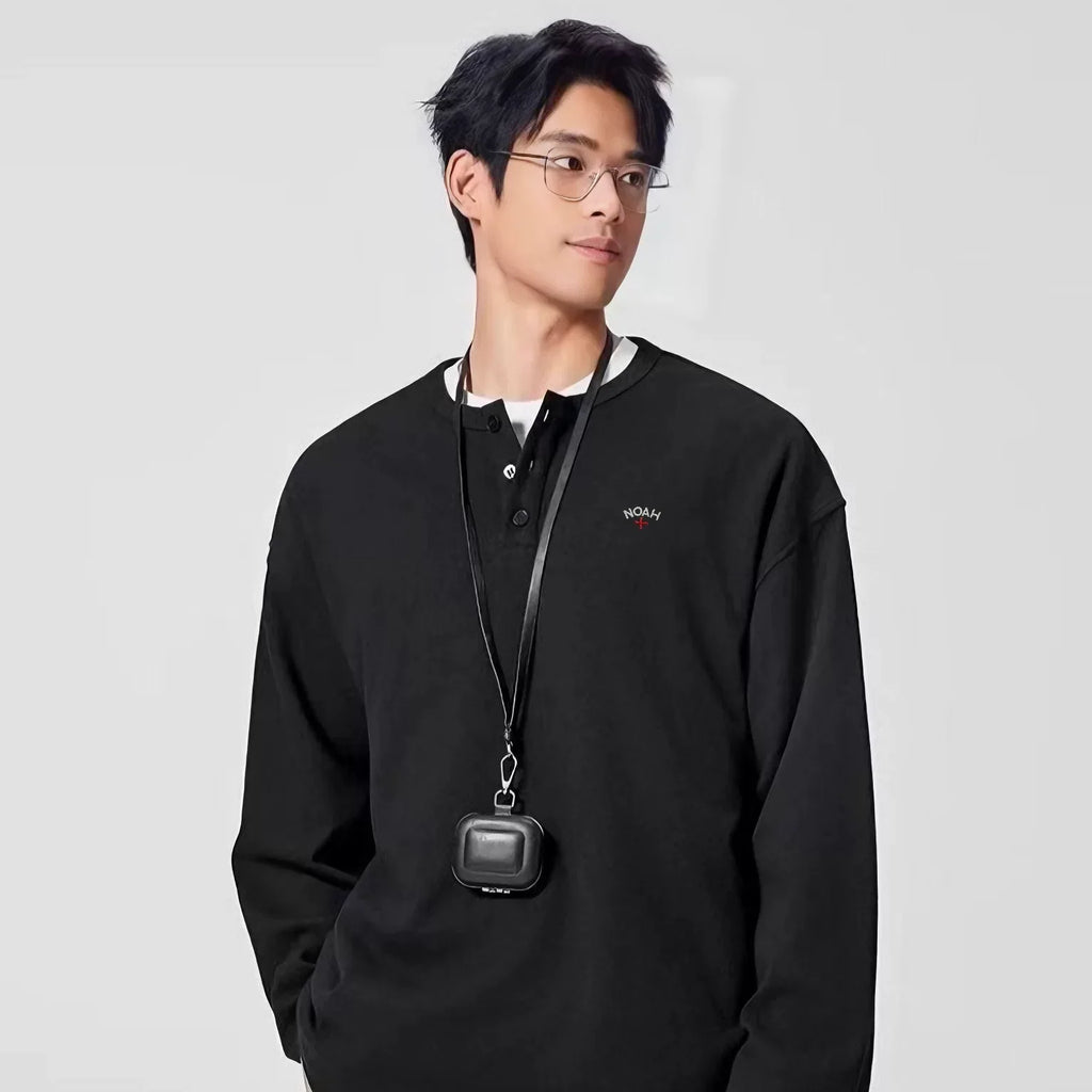 NOAH MARS Men Old Money Henley Long Sleeve Tee Chest Cross Embroidery Logo