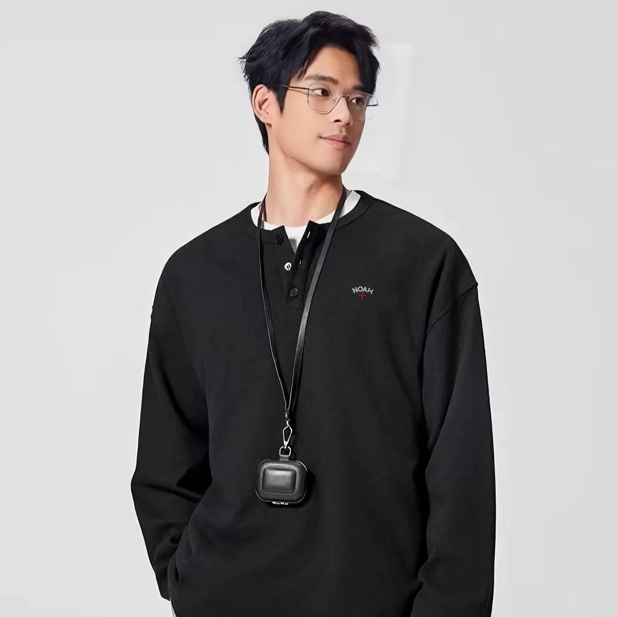NOAH MARS Men Old Money Henley Long Sleeve Tee Chest Cross Embroidery Logo