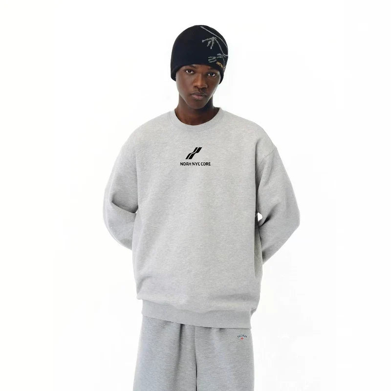 NOAH MARS Men Grey Thread Splice Crew Sweatshirt Two Bar Wave Print