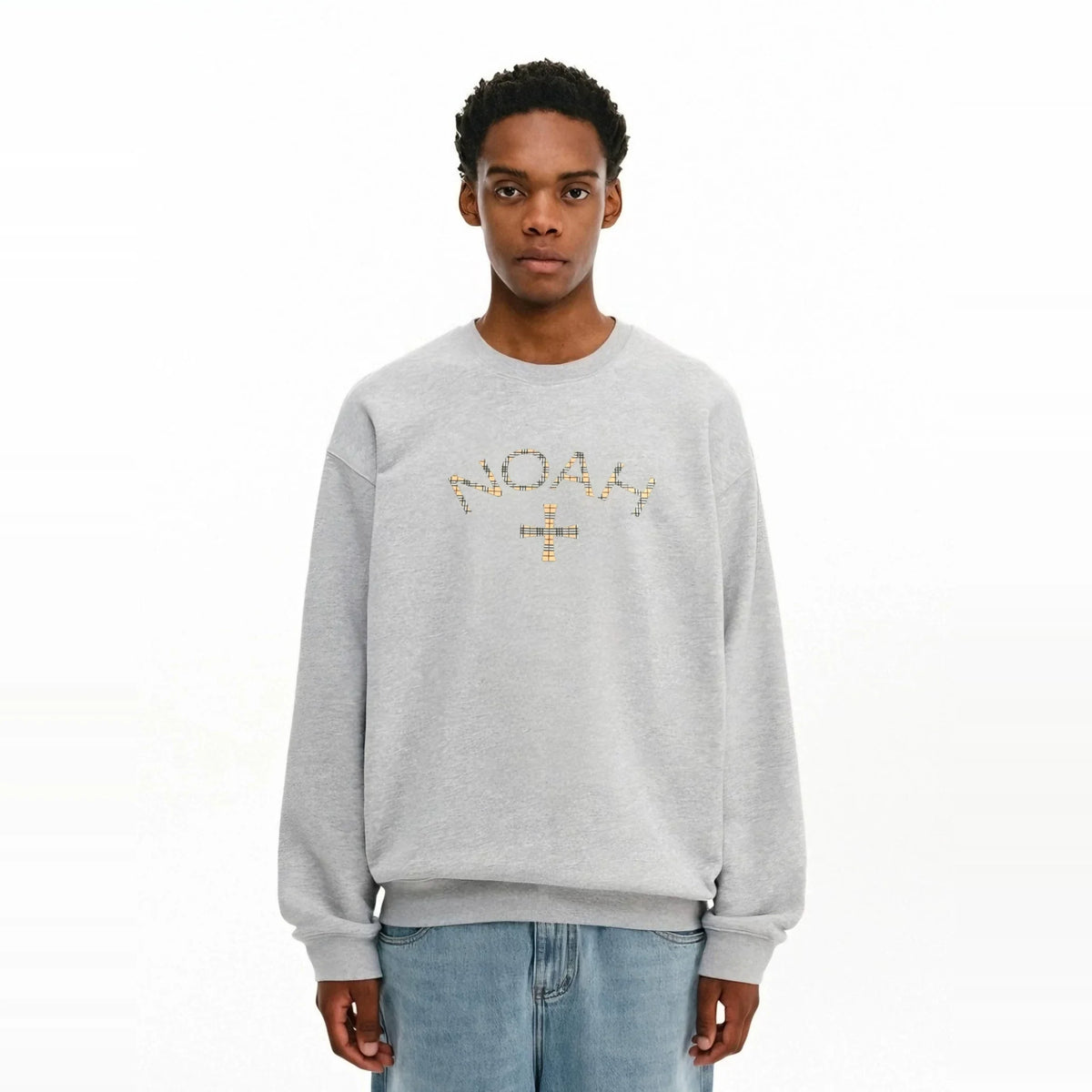 NOAH MARS Men Heavyweight Crew Sweatshirt Plaid Cross Thread Splicing