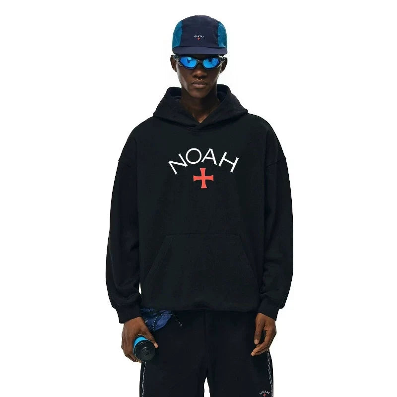 NOAH MARS Loose Thread Splice Hoodie Black Soul Cross American Casual