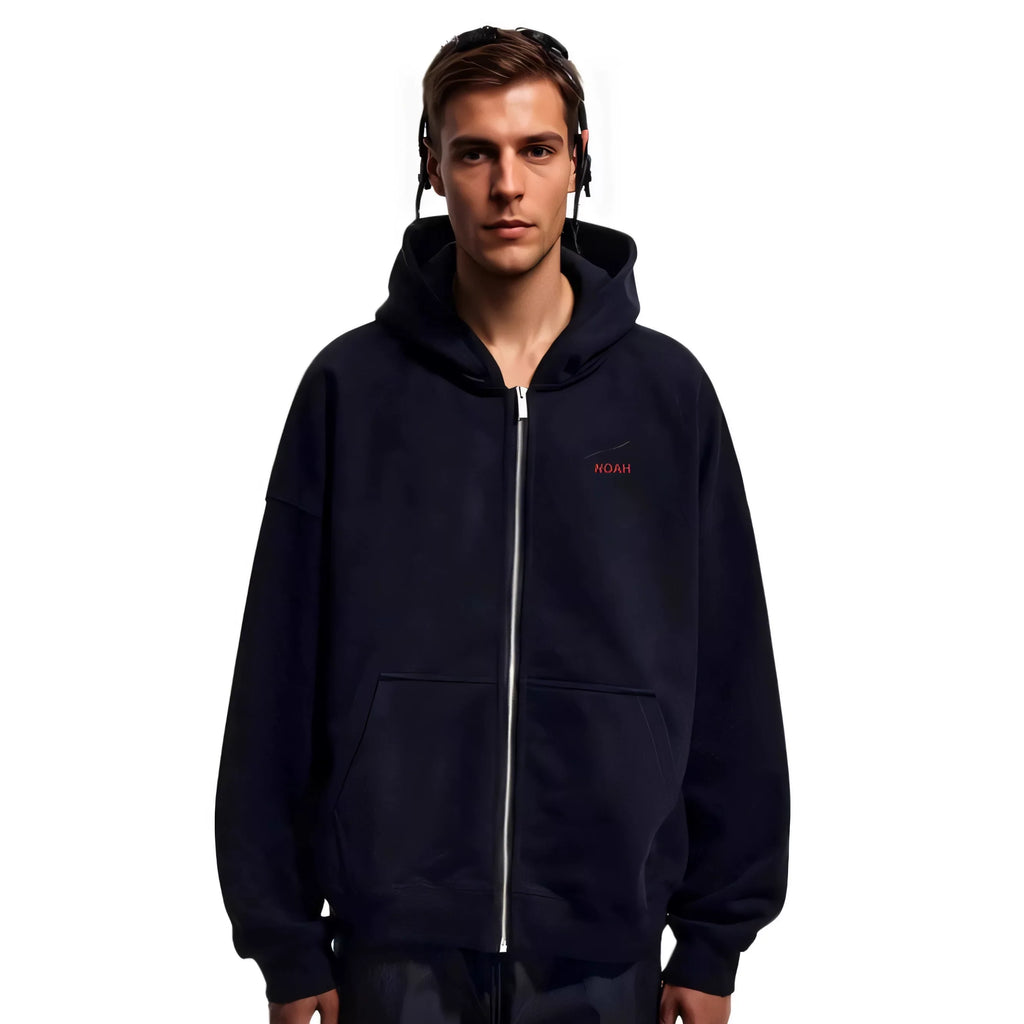 NOAH MARS Men Wave Print Zip Hoodie Looped Fleece Autumn American Casual